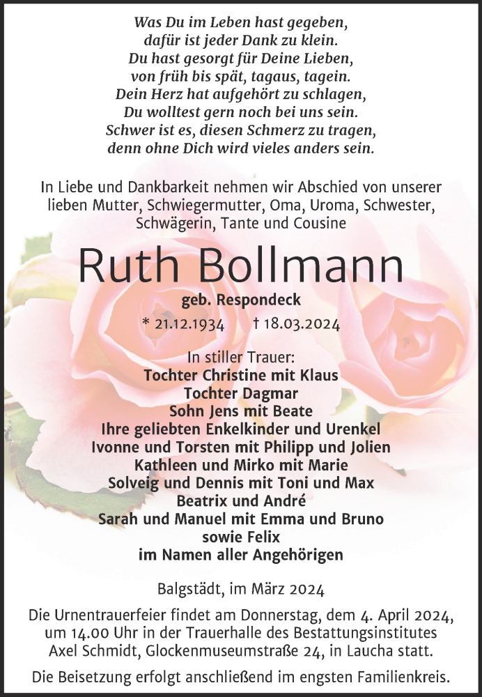  Traueranzeige für Ruth Bollmann vom 30.03.2024 aus Super Sonntag Naumburg/Nebra