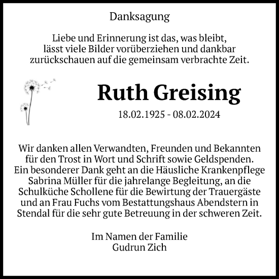 Traueranzeige von Ruth Greising von Volksstimme Altmark Ost