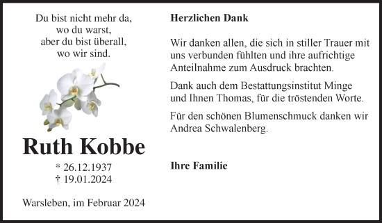Traueranzeige von Ruth Kobbe von Volksstimme Oschersleben/Wanzleben