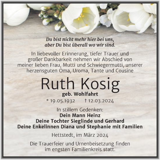 Traueranzeige von Ruth Kosig von Trauerkombi Mansfelder Land