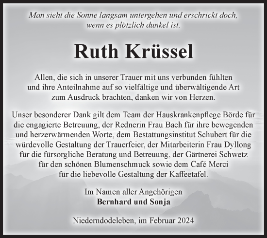 Traueranzeige von Ruth Krüssel von Volksstimme Magdeburg
