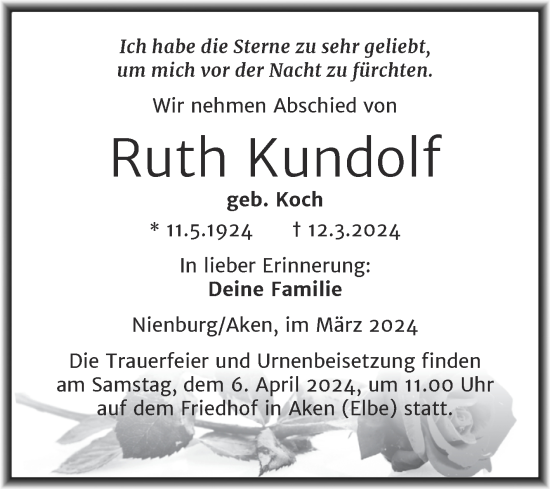 Traueranzeige von Ruth Kundolf von Trauerkombi Bernburg
