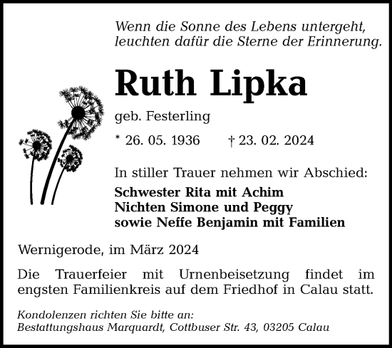 Traueranzeige von Ruth Lipka von Volksstimme Wernigerode