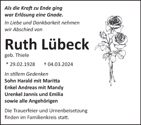Traueranzeige von Ruth Lübeck von Trauerkombi Bitterfeld