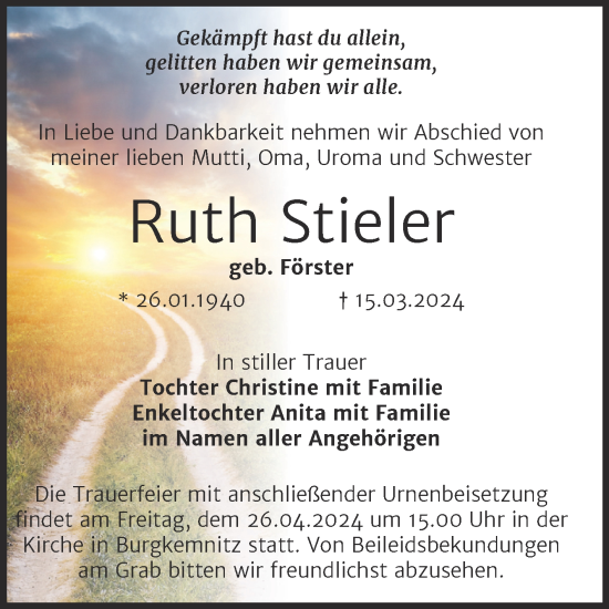 Traueranzeige von Ruth Stieler von Trauerkombi Bitterfeld