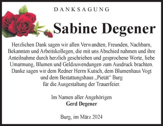 Traueranzeige von Sabine Degener von Volksstimme Burg/Genthin