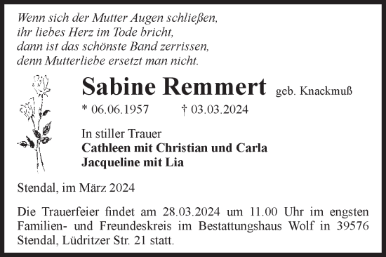 Traueranzeige von Sabine Remmert von Volksstimme Altmark Ost