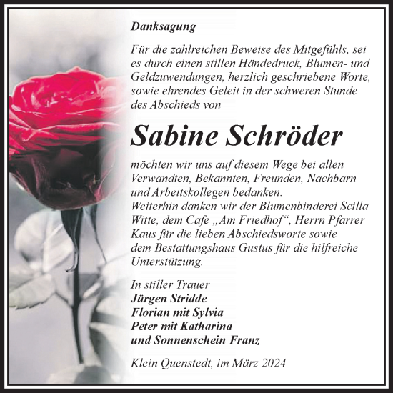 Traueranzeige von Sabine Schröder von Volksstimme Halberstadt