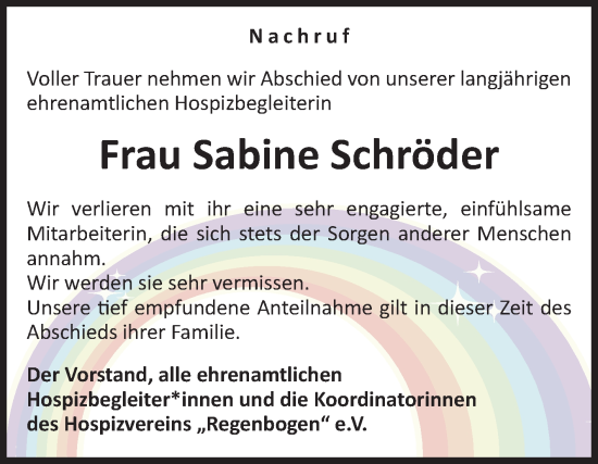 Traueranzeige von Sabine Schröder von Volksstimme Halberstadt