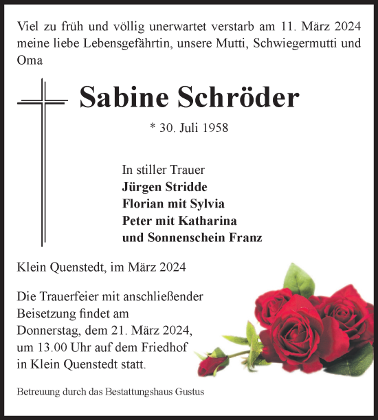 Traueranzeige von Sabine Schröder von Volksstimme Halberstadt