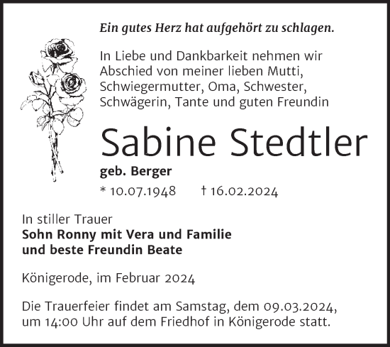 Traueranzeige von Sabine Stedtler von Super Sonntag Quedlingburg