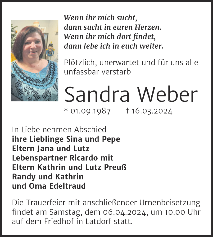  Traueranzeige für Sandra Weber vom 23.03.2024 aus Trauerkombi Bernburg
