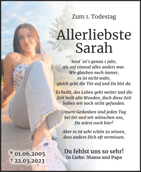 Traueranzeige von Sarah Breuer von Trauerkombi Quedlinburg