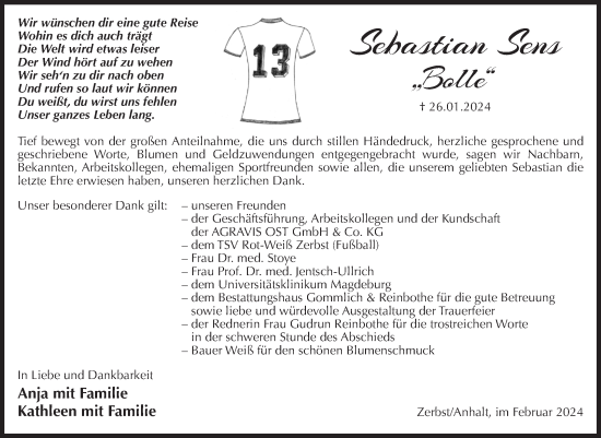Traueranzeige von Sebastian Sens von Volksstimme Zerbst