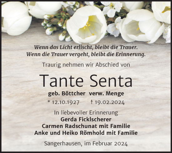 Traueranzeige von Senta  von Trauerkombi Sangerhausen