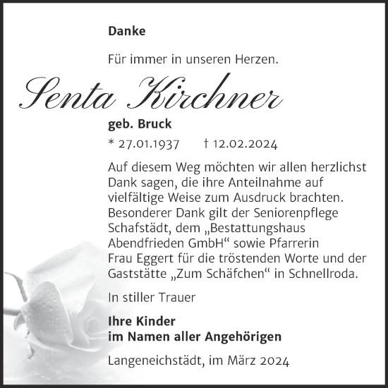 Traueranzeige von Senta Kirchner von Trauerkombi Merseburg