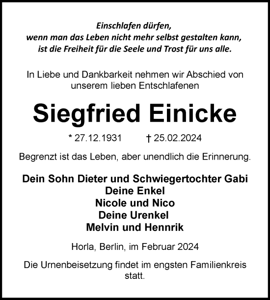 Traueranzeige von Siegfried Einicke von Trauerkombi Sangerhausen