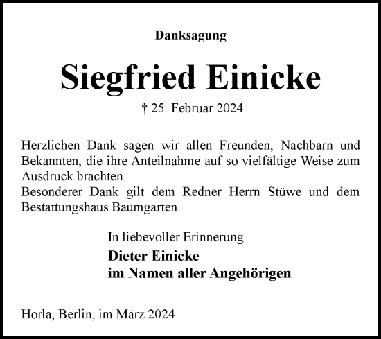 Traueranzeige von Siegfried Einicke von Trauerkombi Sangerhausen