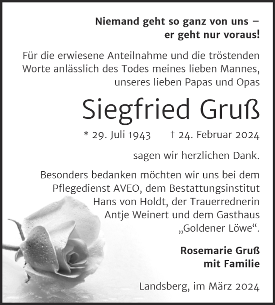Traueranzeige von Siegfried Gruß von Mitteldeutsche Zeitung Halle/Saalkreis