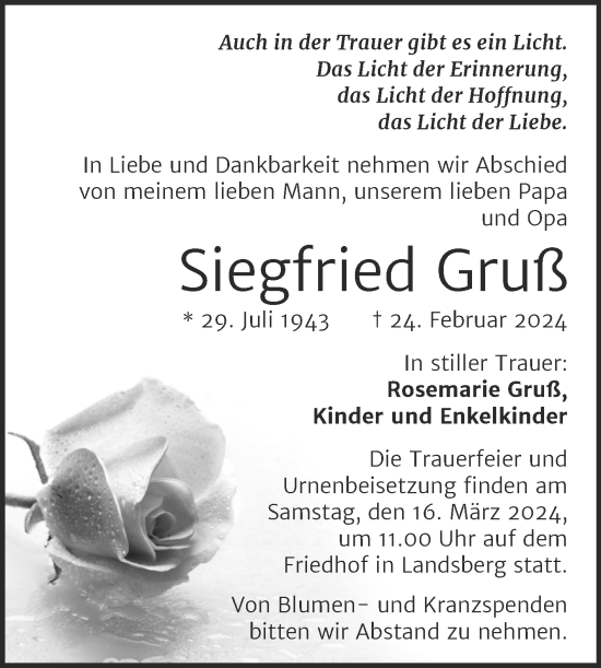 Traueranzeige von Siegfried Gruß von Mitteldeutsche Zeitung Halle/Saalkreis