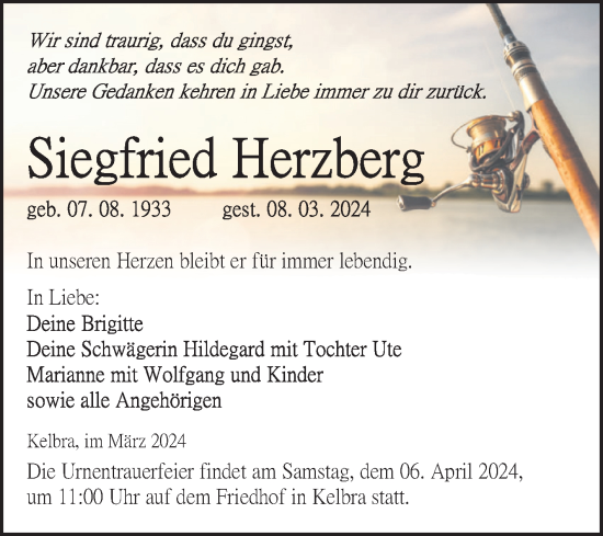 Traueranzeige von Siegfried Herzberg von Trauerkombi Sangerhausen