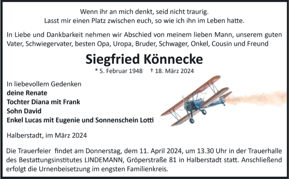  Traueranzeige für Siegfried Könnecke vom 23.03.2024 aus Volksstimme Halberstadt