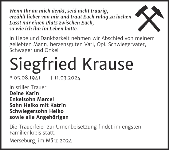 Traueranzeige von Siegfried Krause von Trauerkombi Merseburg