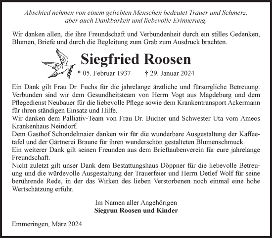 Traueranzeige von Siegfried Roosen von Volksstimme Oschersleben/Wanzleben