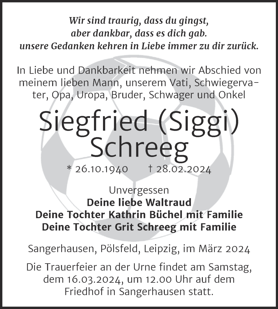  Traueranzeige für Siegfried Schreeg vom 06.03.2024 aus Trauerkombi Sangerhausen