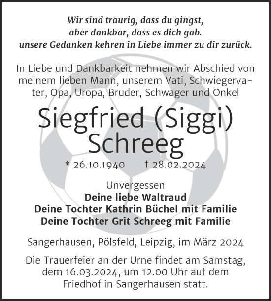 Traueranzeige von Siegfried Schreeg von Trauerkombi Sangerhausen