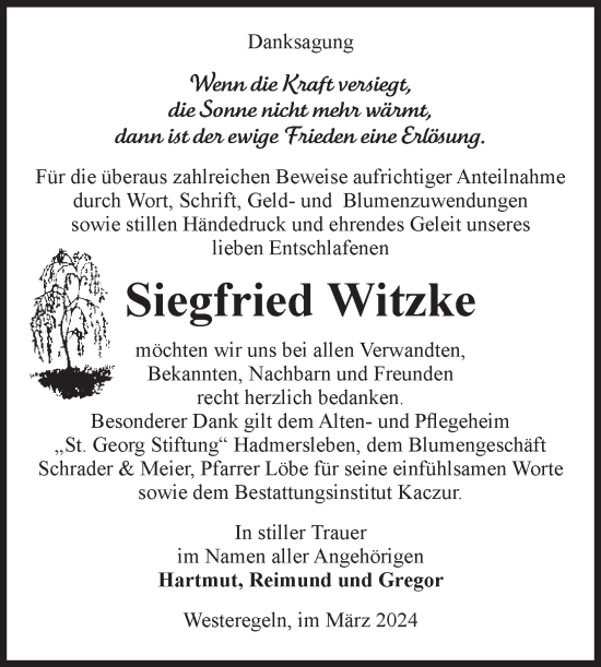 Traueranzeige von Siegfried Witzke von Volksstimme Staßfurt