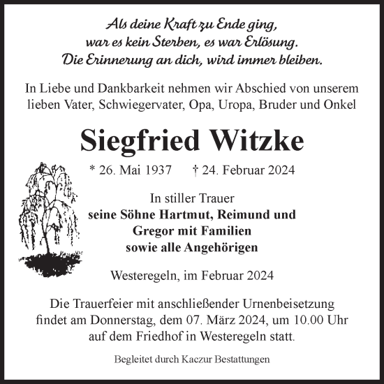 Traueranzeige von Siegfried Witzke von Volksstimme Staßfurt