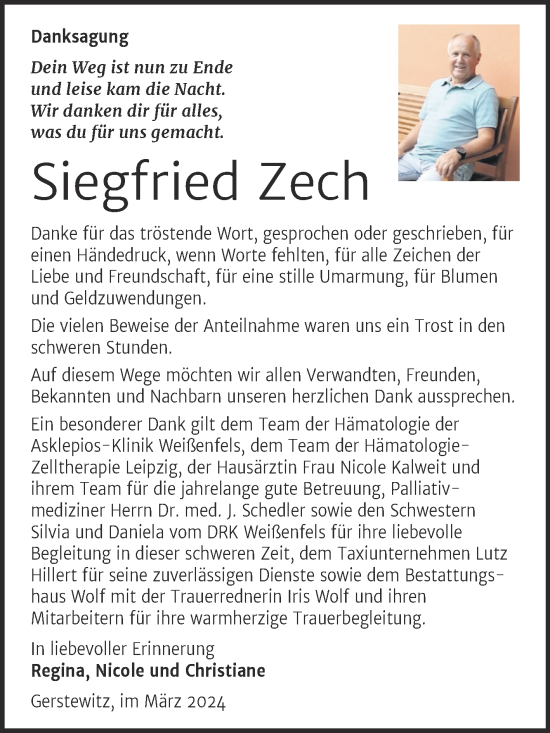 Traueranzeige von Siegfried Zech von Trauerkombi Weißenfels