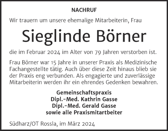 Traueranzeige von Sieglinde Börner von Mitteldeutsche Zeitung Sangerhausen