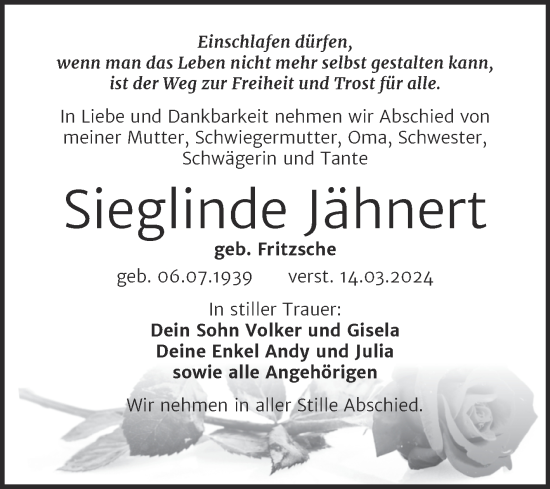 Traueranzeige von Sieglinde Jähnert von Trauerkombi Weißenfels