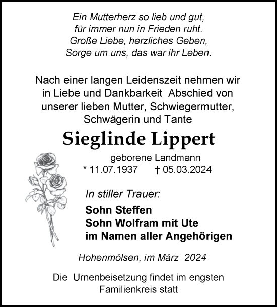 Traueranzeige von Sieglinde Lippert von Trauerkombi Weißenfels