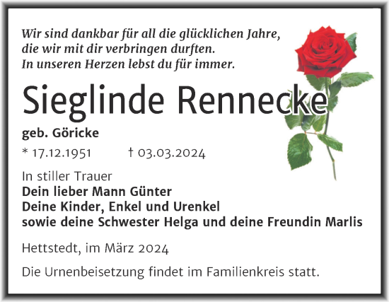 Traueranzeige von Sieglinde Rennecke von Trauerkombi Mansfelder Land