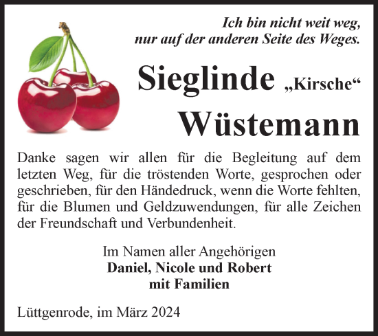 Traueranzeige von Sieglinde Wüstemann von Volksstimme Halberstadt