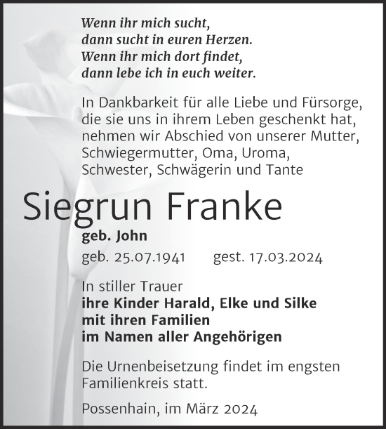 Traueranzeige von Siegrun Franke von Super Sonntag Naumburg/Nebra