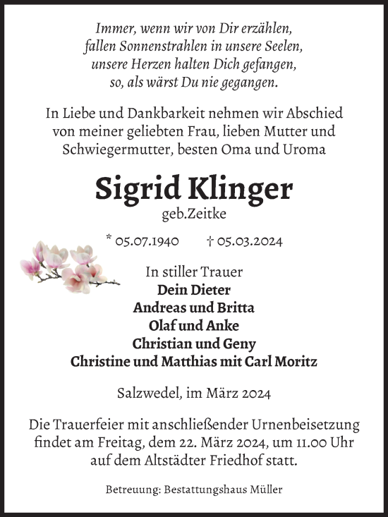 Traueranzeige von Sigrid Klinger von Volksstimme Altmark West