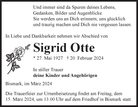 Traueranzeige von Sigrid Otte von Volksstimme Altmark Ost