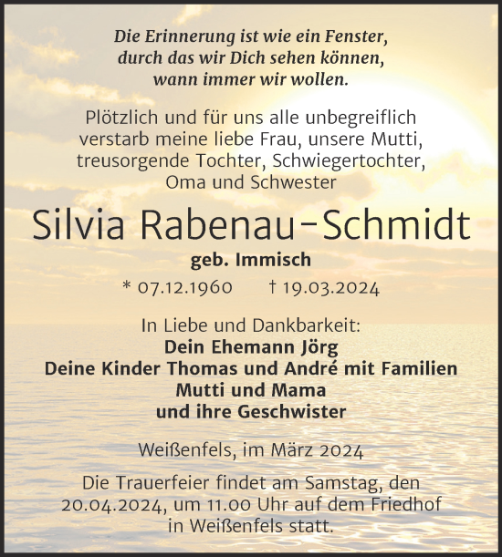 Traueranzeige von Silvia Rabenau-Schmidt von Trauerkombi Weißenfels