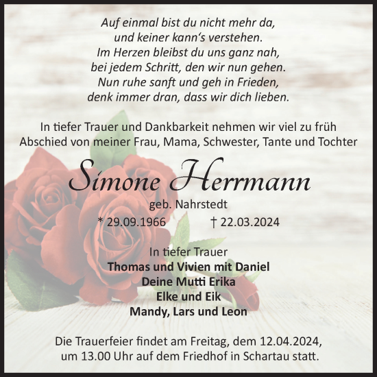 Traueranzeige von Simone Herrmann von Volksstimme Burg/Genthin