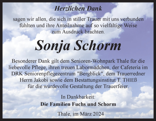 Traueranzeige von Sonja Schorm von Trauerkombi Quedlinburg