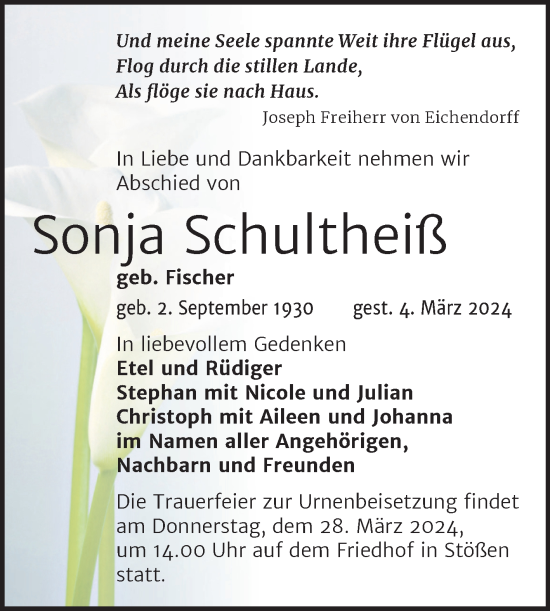 Traueranzeige von Sonja Schultheiß von Mitteldeutsche Zeitung Weißenfels