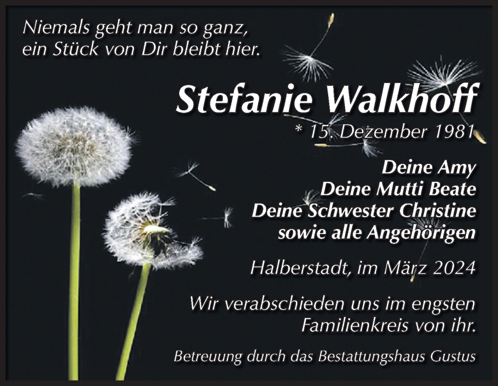  Traueranzeige für Stefanie Walkhoff vom 30.03.2024 aus Volksstimme Halberstadt