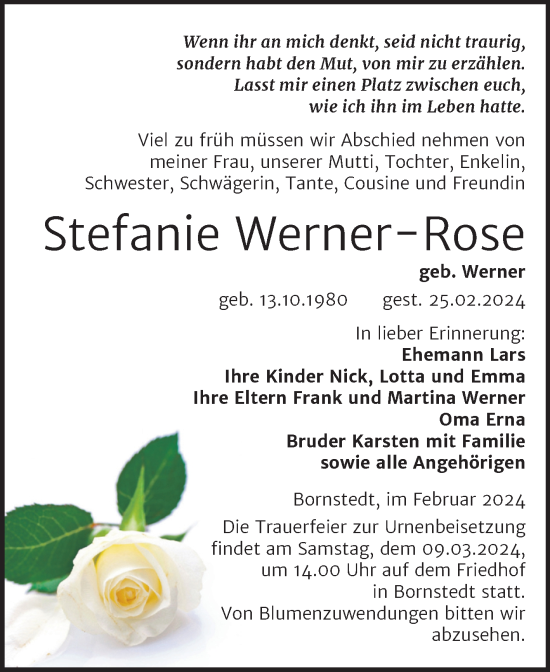 Traueranzeige von Stefanie Werner-Rose von Trauerkombi Mansfelder Land