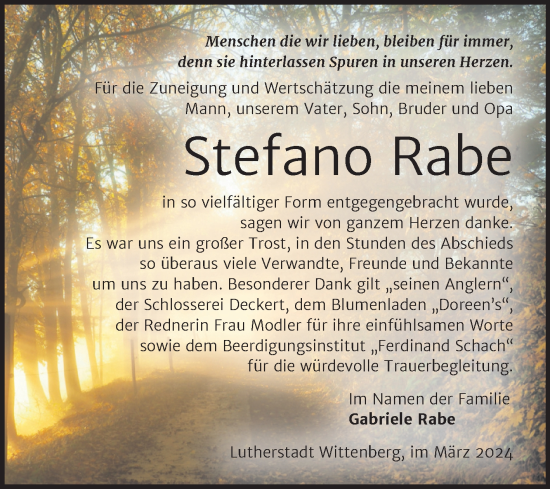 Traueranzeige von Stefano Rabe von Trauerkombi Wittenberg