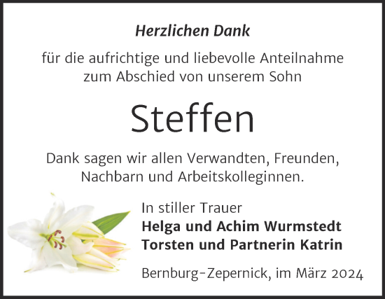 Traueranzeige von Steffen  von Trauerkombi Bernburg