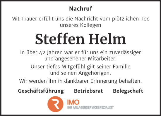Traueranzeige von Steffen Helm von Super Sonntag Halle/Saalkreis